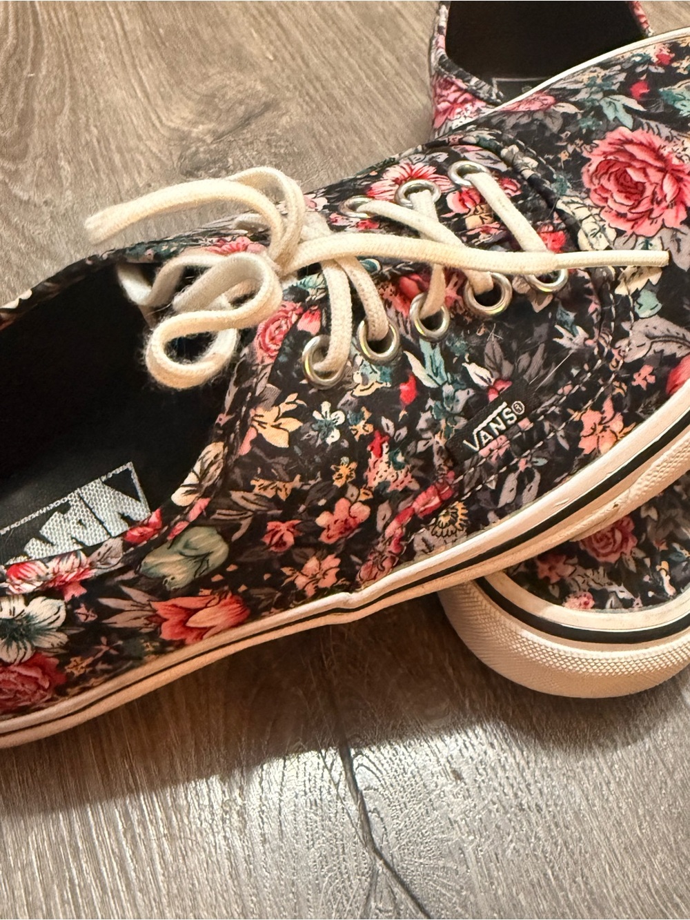 Vans Black Floral Canvas Authentic Sneakers - Cream Laces - Picture 3 of 6